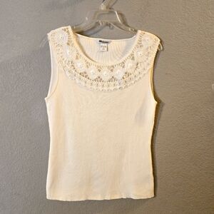 Nygard Collection Vintage Womens Cream Boho Sleeveless Top Lace Clear Stones L